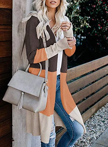 CARDYDONY Women's Long Cardigan Open Front Color Block Cardigan Knit Sweaters