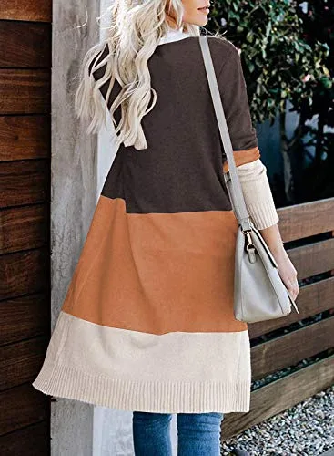 CARDYDONY Women's Long Cardigan Open Front Color Block Cardigan Knit Sweaters