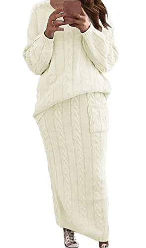 CHARTOU Women's Winter Chunky Cable Knit Long Skirt 2 Piece Outfit Sweater Sets