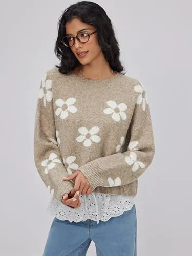 CIDER Floral Cozy Sweaters for Women Trendy Long Sleeve Cute Fall Outfits Casual Knit Pullover Sweater Fashion Clothes