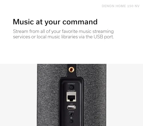 Close-up of the Denon Home 150 NV speaker's fabric grille and top control panel