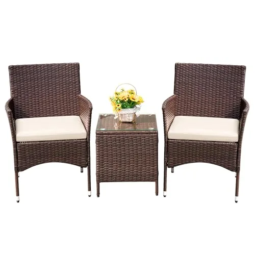 Devoko Patio Porch Furniture Sets 3 Pieces PE Rattan Wicker Chairs with Table Outdoor Garden Furniture Sets (Brown/Beige)