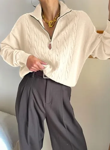 Dokotoo Women's Sweaters 2025 Fall Winter Quarter Zip Casual Ribbed Cable Knit Pullover