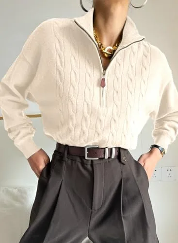 Dokotoo Women's Sweaters 2025 Fall Winter Quarter Zip Casual Ribbed Cable Knit Pullover