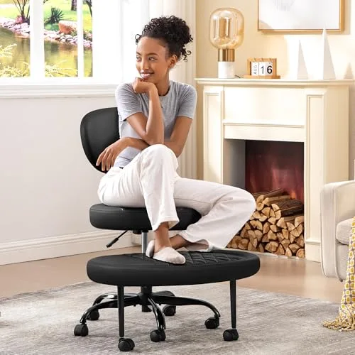 Ergonomic Cross Legged Office Chair with Wheels - Adjustable Height for Meditation, ADHD Desk & Yoga - Wide Criss Cross Design with Lumbar Support, Kneeling Chair - Black