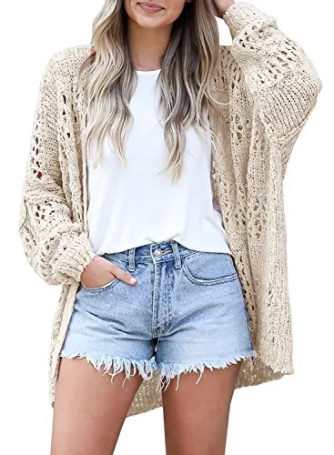 Ermonn Womens Crochet Cardigan Sweater Kimonos Boho Solid Color Oversized Fall Open Front Outwear