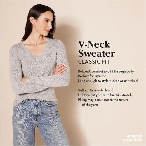 Amazon Essentials Women's Regular-Fit Lightweight Long-Sleeve V-Neck Sweater (Available in Plus Size)