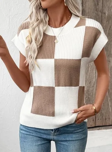 EVALESS Short Sleeve Sweater for Women Crewneck Color Block Knit Tops 2025 Fall Trendy Cap Sleeve Sweater Vest
