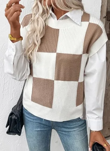 EVALESS Short Sleeve Sweater for Women Crewneck Color Block Knit Tops 2025 Fall Trendy Cap Sleeve Sweater Vest
