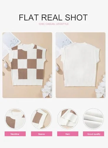 EVALESS Short Sleeve Sweater for Women Crewneck Color Block Knit Tops 2025 Fall Trendy Cap Sleeve Sweater Vest
