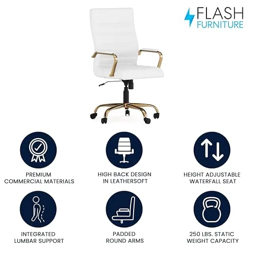 Flash Furniture Whitney Mid-Back Swivel LeatherSoft Desk Chair with Padded Seat and Armrests, Adjustable Height Padded Office Chair, 27