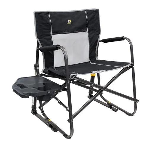 GCI Outdoor Freestyle Rocker XL with Side Table Camping Chair | Portable Folding Rocking Chair with Solid, Durable Armrests, Drink Holder & Comfortable Backrest — Black