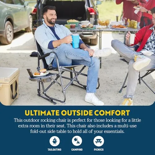 GCI Outdoor Freestyle Rocker XL with Side Table Camping Chair | Portable Folding Rocking Chair with Solid, Durable Armrests, Drink Holder & Comfortable Backrest — Black