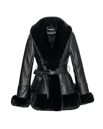 GRAN ORIENTE Women's Faux Leather Jacket with Faux Fur Collar, Winter Long Sleeve Furry Trim Peplum Parka Coat with Belt