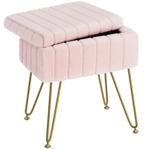Greenstell Vanity Stool Chair Faux Fur with Storage, 15.7L x 11.8W x 19.4H Soft Ottoman Pink