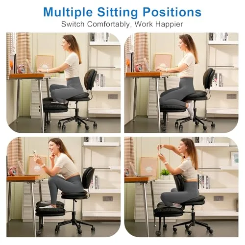 Cross Legged Office Chair, Ergonomic Cloud Criss Cross Desk Chair, Meditation Chair with Wheels, Height Adjustable Seat for ADHD, Wide Kneeling Chair with Back Support