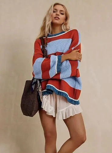 Women's Chunky Knit Striped Sweaters Casual Long Sleeve Crew Neck Oversized Pullover Sweater Winter Fall Spring Tops