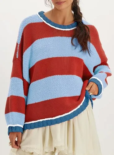 Women's Chunky Knit Striped Sweaters Casual Long Sleeve Crew Neck Oversized Pullover Sweater Winter Fall Spring Tops