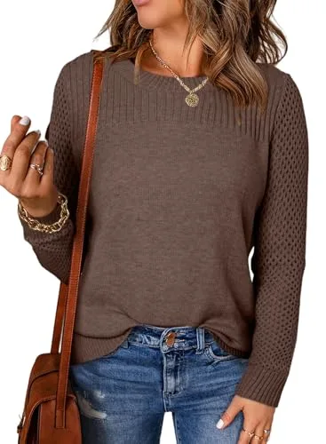 EVALESS Womens Sweaters Casual Long Sleeve Crewneck Cable Knit Lightweight Oversized Crochet Sweater Pullover Tops