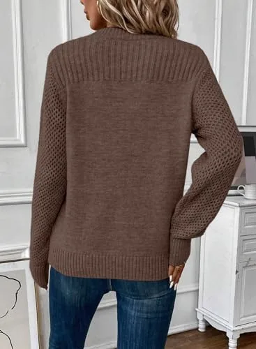 EVALESS Womens Sweaters Casual Long Sleeve Crewneck Cable Knit Lightweight Oversized Crochet Sweater Pullover Tops