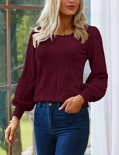 HOTOUCH Sweaters for Women 2025 Fall Trendy Tops Casual Puff Sleeve Square Neck Cute Tunic Pullover Blouses XS-XXL
