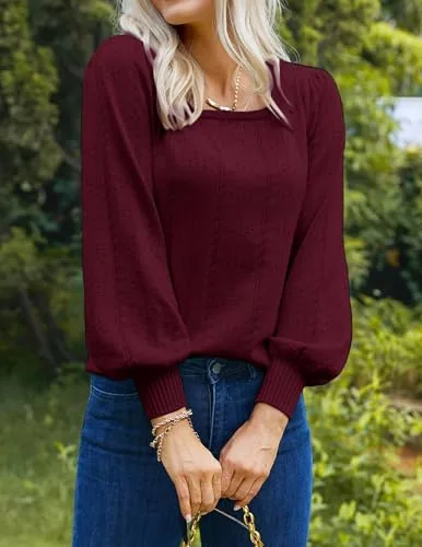 HOTOUCH Sweaters for Women 2025 Fall Trendy Tops Casual Puff Sleeve Square Neck Cute Tunic Pullover Blouses XS-XXL