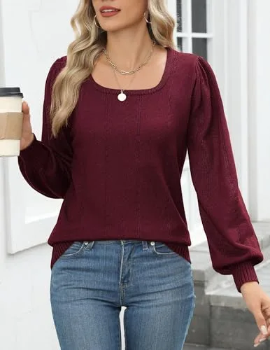 HOTOUCH Sweaters for Women 2025 Fall Trendy Tops Casual Puff Sleeve Square Neck Cute Tunic Pullover Blouses XS-XXL