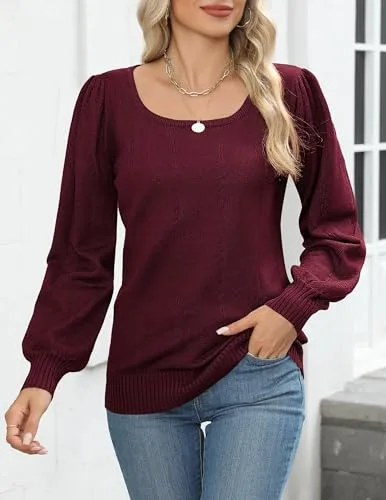 HOTOUCH Sweaters for Women 2025 Fall Trendy Tops Casual Puff Sleeve Square Neck Cute Tunic Pullover Blouses XS-XXL