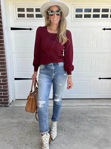 HOTOUCH Sweaters for Women 2025 Fall Trendy Tops Casual Puff Sleeve Square Neck Cute Tunic Pullover Blouses XS-XXL