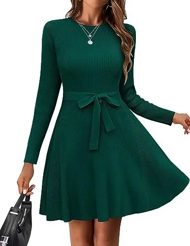 HOTOUCH Women's Fall Winter Casual Dress Crewneck Long Sleeve A-Line Sweater Dress Bodycon Ribbed Knit Dress with Belt