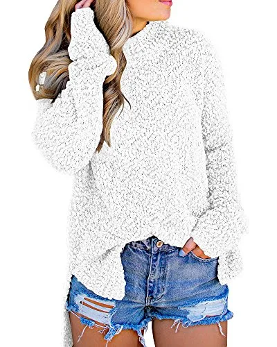 Imily Bela Womens Fuzzy Knitted Sweater Sherpa Fleece Side Slit Full Sleeve Jumper Outwears