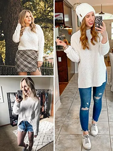 Imily Bela Womens Fuzzy Knitted Sweater Sherpa Fleece Side Slit Full Sleeve Jumper Outwears