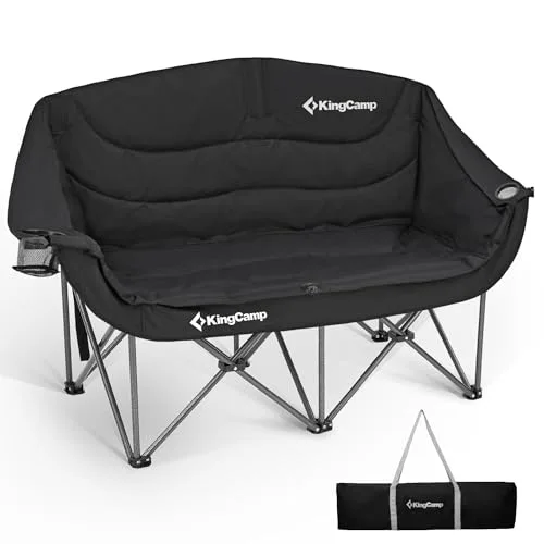 KingCamp Double Camping Chair, Oversized 660lbs Heavy Duty Loveseat for Adults Portable Folding XL 2 Person Couch Padded Comfortable Two Seat with Cup Holder for Outdoor Lawn Backyard, Black