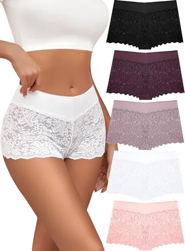 Lace Boy Shorts Sexy Cheeky Panties Breathable Womens Underwear Stretch Cotton Waistband Underwear Women 5 Pack