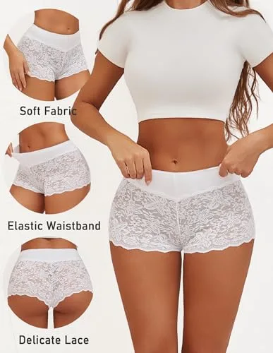 Lace Boy Shorts Sexy Cheeky Panties Breathable Womens Underwear Stretch Cotton Waistband Underwear Women 5 Pack