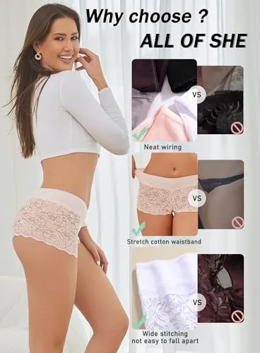 Lace Boy Shorts Sexy Cheeky Panties Breathable Womens Underwear Stretch Cotton Waistband Underwear Women 5 Pack