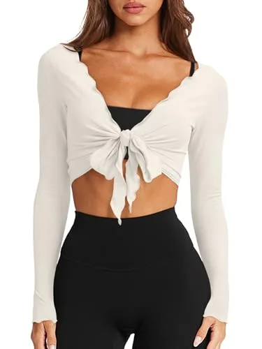 LASLULU Womens Tie Front Wrap Tops Long Sleeve Bolero Shrugs Crop Cardigan Yoga Ballet Cover up Tops Pilates Outfits