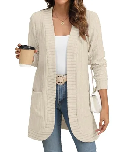 Women Long Sleeve Open Front Cardigan Casual Lightweight Long Cardigans Loose Knit Outwear with Pockets