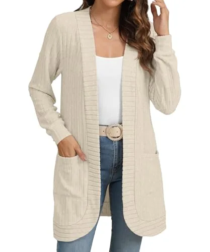 Women Long Sleeve Open Front Cardigan Casual Lightweight Long Cardigans Loose Knit Outwear with Pockets