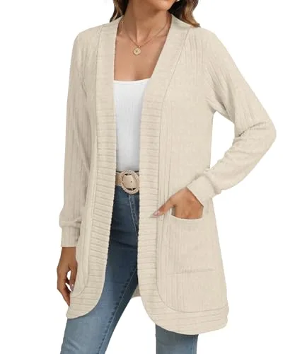 Women Long Sleeve Open Front Cardigan Casual Lightweight Long Cardigans Loose Knit Outwear with Pockets