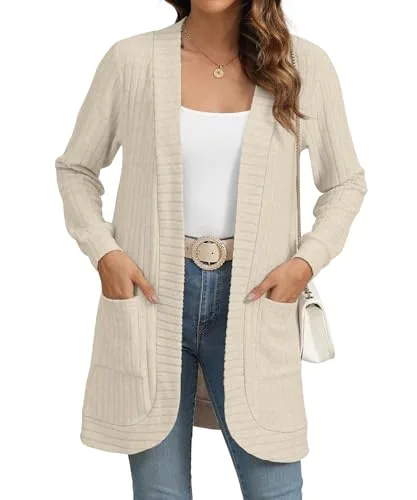 Women Long Sleeve Open Front Cardigan Casual Lightweight Long Cardigans Loose Knit Outwear with Pockets