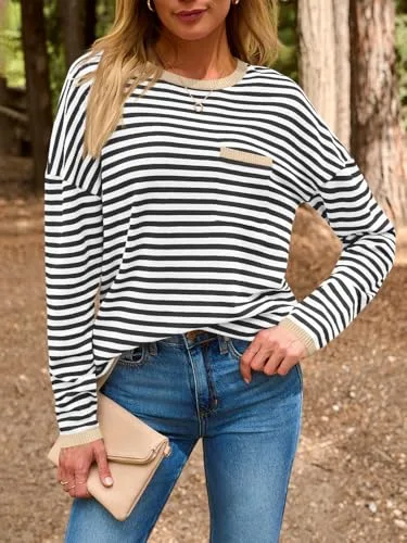LILLUSORY Womens Striped Soft Knit Pullover Sweater Loose Fit Shirts with Chest Pocket