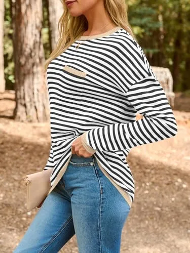 LILLUSORY Womens Striped Soft Knit Pullover Sweater Loose Fit Shirts with Chest Pocket