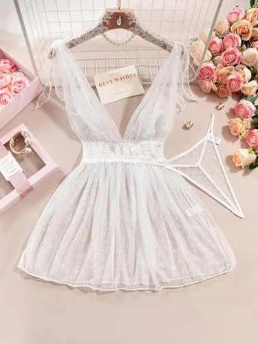 Lilosy Sexy Polka Dots Mesh Sheer Lace Babydoll Chemise Lingerie Set Floral Sleep Wear