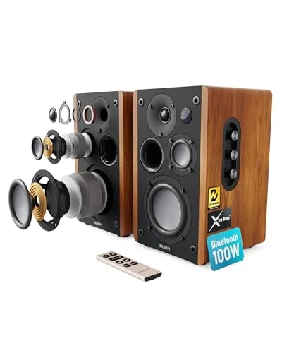 Front view of the Majority D100 bookshelf speakers