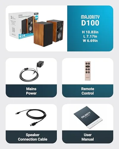 Full package contents including speakers, cables, and remote
