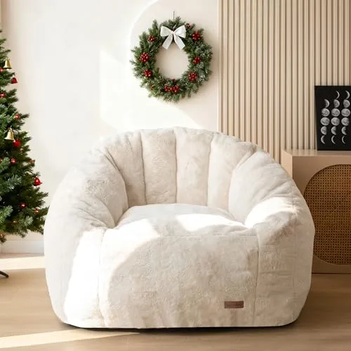 MAXYOYO Giant Bean Bag Chair, Oversized Bean Bag Couch for Adults and Kids, Faux Fur Shell-Shaped Large Chair with Filler, Stuffed Big Accent Sofa Lounge Floor Sofa for Gaming, Reading, Beige