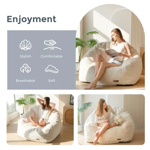 MAXYOYO Giant Bean Bag Chair, Oversized Bean Bag Couch for Adults and Kids, Faux Fur Shell-Shaped Large Chair with Filler, Stuffed Big Accent Sofa Lounge Floor Sofa for Gaming, Reading, Beige