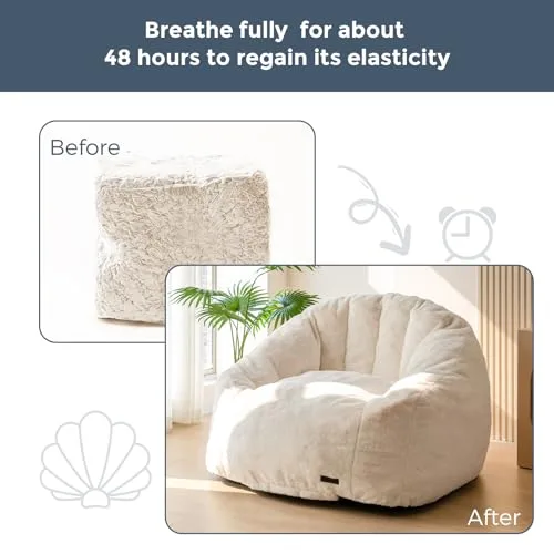 MAXYOYO Giant Bean Bag Chair, Oversized Bean Bag Couch for Adults and Kids, Faux Fur Shell-Shaped Large Chair with Filler, Stuffed Big Accent Sofa Lounge Floor Sofa for Gaming, Reading, Beige