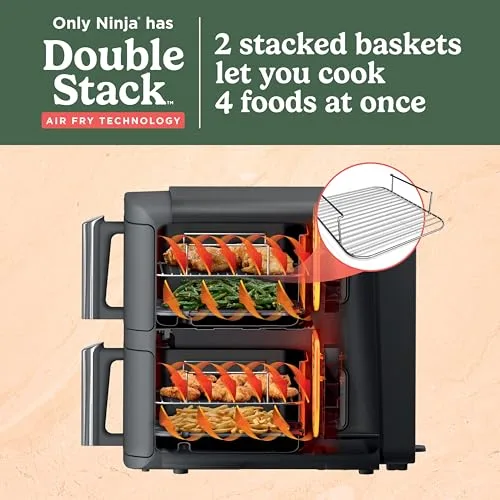 Ninja DoubleStack Air Fryer cooking 4 foods at once using racks
